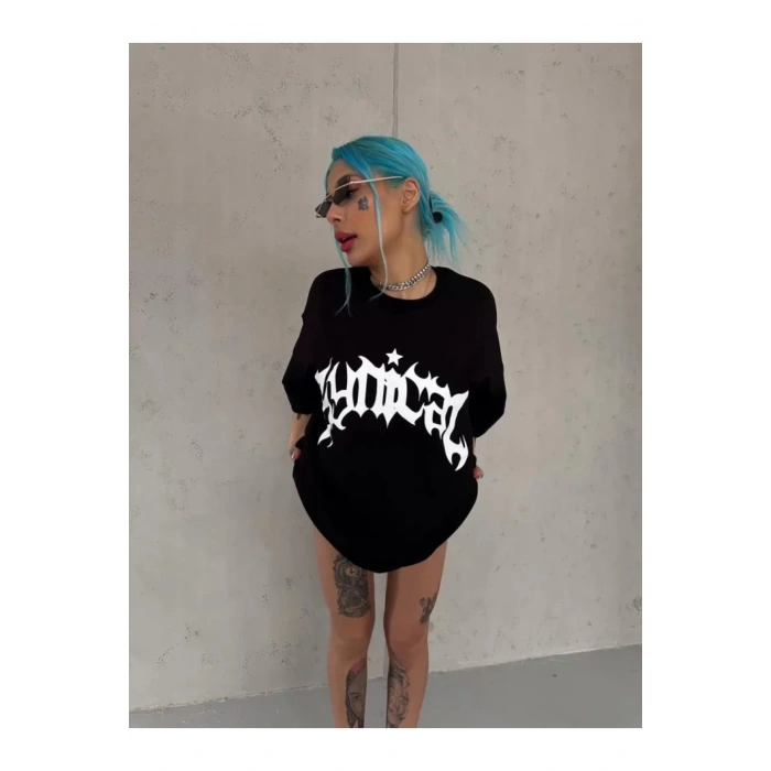 Unisex Bisiklet Yaka Baskılı Oversize T-Shirt - Siyah