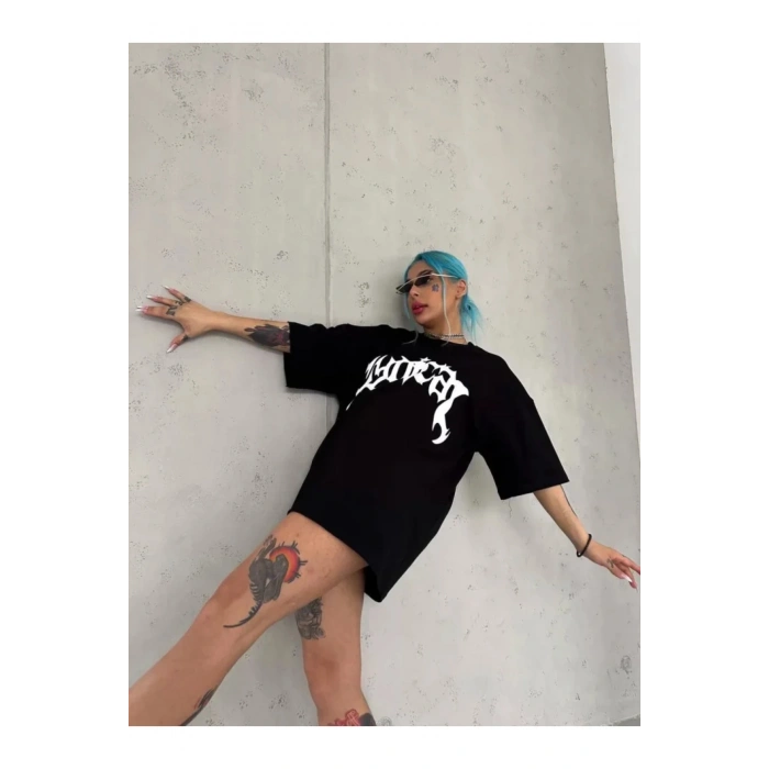 Unisex Bisiklet Yaka Baskılı Oversize T-Shirt - Siyah