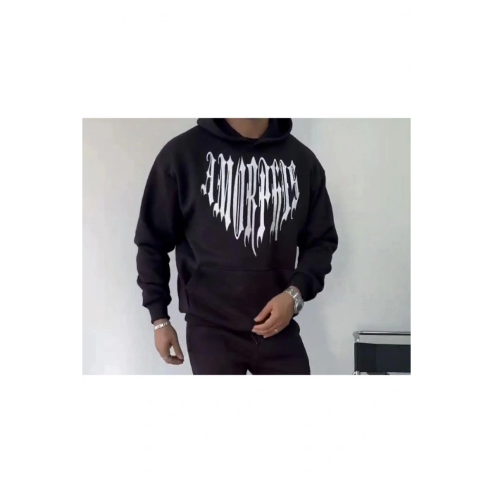 Uzun Kol Kapşonlu Baskılı SweatShirt - Siyah
