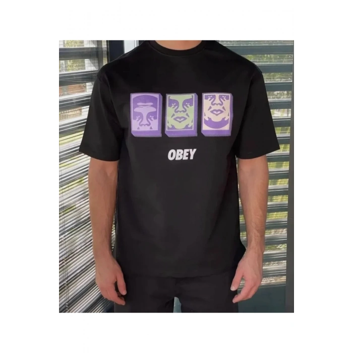 Unisex Bisiklet Yaka Baskılı Oversize T-Shirt - Siyah