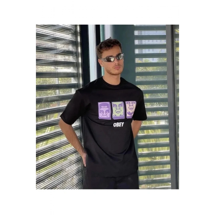 Unisex Bisiklet Yaka Baskılı Oversize T-Shirt - Siyah