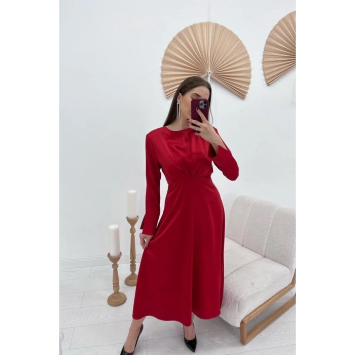 Kırmızı Saten Uzun Elbise