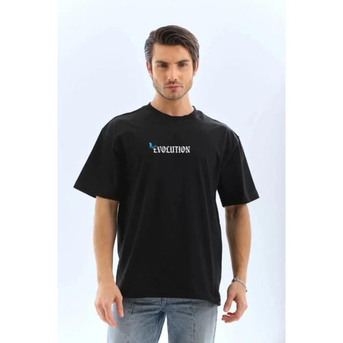 Unisex Bisiklet Yaka Baskılı Oversize T-Shirt - Siyah