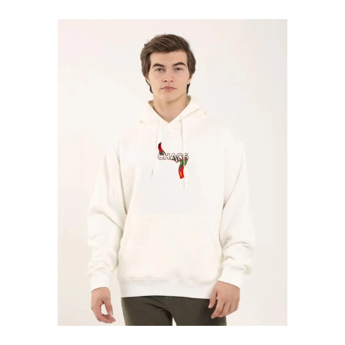 Unisex Baskılı Oversize Üç İplik Kapüşonlu Sweatshirt - Beyaz