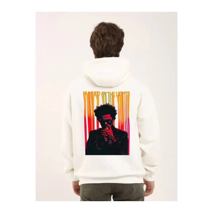 Unisex Baskılı Oversize Üç İplik Kapüşonlu Sweatshirt - Beyaz