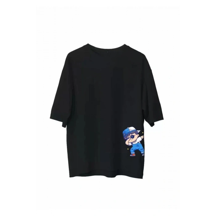 Unisex Bisiklet Yaka Baskılı Oversize T-Shirt - Siyah