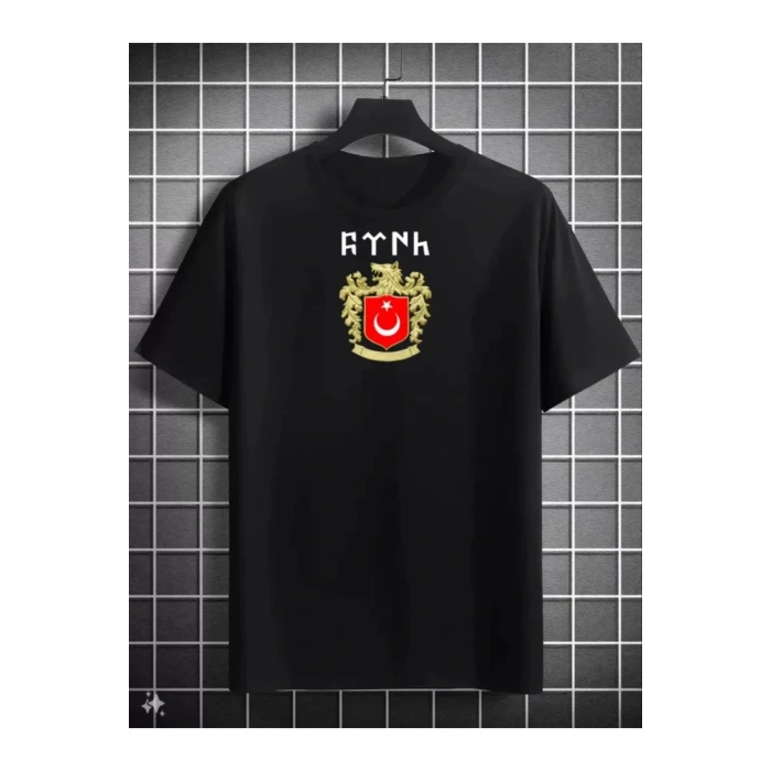 Unisex Bisiklet Yaka Baskılı Oversize T-Shirt - Siyah