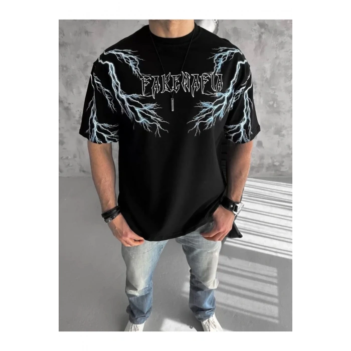 Unisex Bisiklet Yaka Baskılı Oversize T-Shirt-Siyah