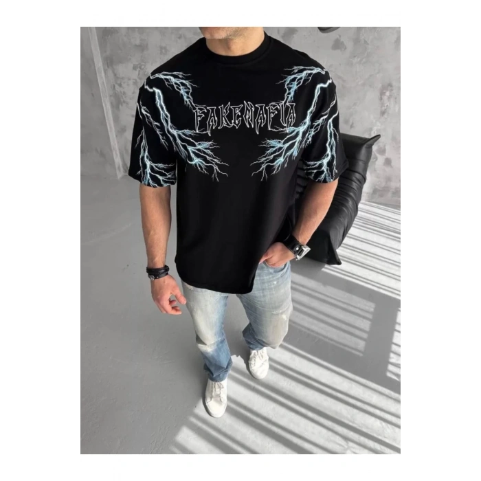 Unisex Bisiklet Yaka Baskılı Oversize T-Shirt-Siyah
