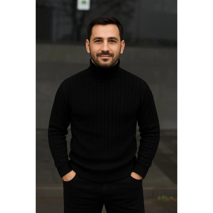 Erkek Fitilli Triko Kazak 2li Set Gri Siyah Regular Balıkcı Yaka Tam Boğazlı Triko Seti Modeli Kazak