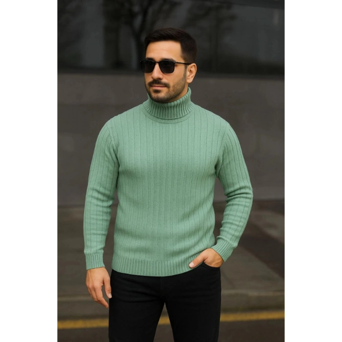 Erkek Balıkcı Yaka Bağazlı Triko Kazak Pamuklu Kalın Fitilli Dokuma, Regular Fit Uzun Kollu Kışlık M