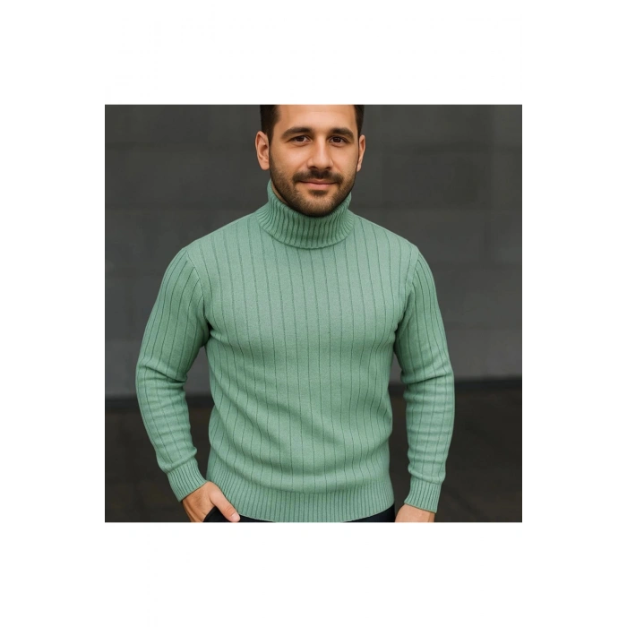 Erkek Balıkcı Yaka Bağazlı Triko Kazak Pamuklu Kalın Fitilli Dokuma, Regular Fit Uzun Kollu Kışlık M