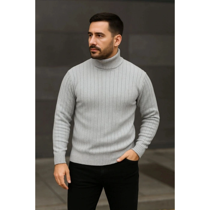 Erkek Fitilli Triko Kazak 3lÜ Set Gri Haki Siyah Regular Balıkcı Yaka Tam Boğazlı Triko Seti Modeli