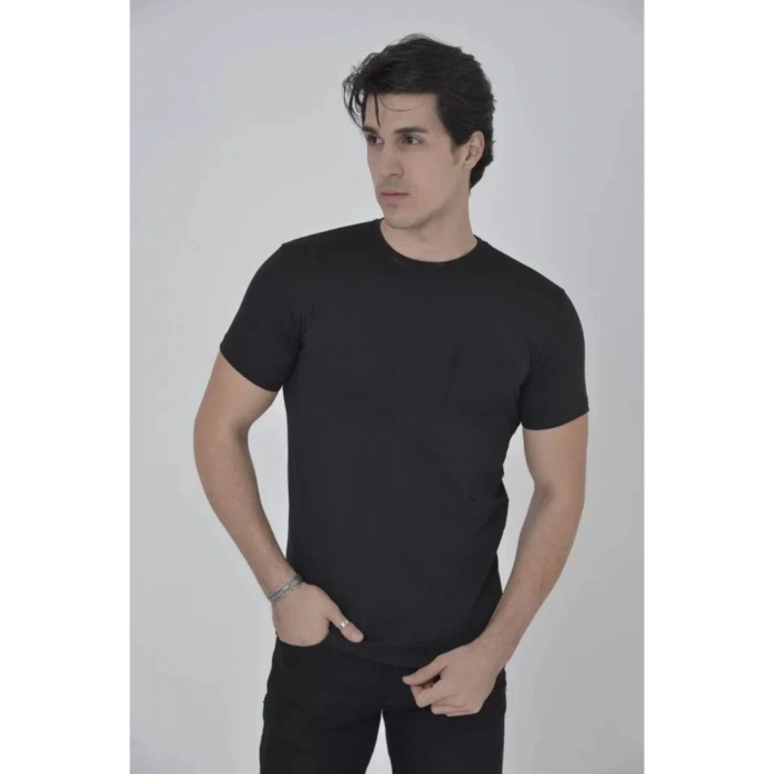 Erkek File Cepli Slim Fit T-shirt - Siyah