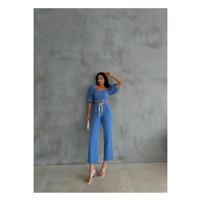 KETEN CROP KARPUZ KOL BLUZ-PANTOLON HASIR KEMERLİ - Mavi