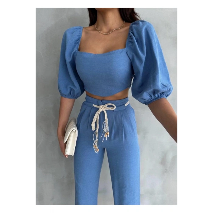 KETEN CROP KARPUZ KOL BLUZ-PANTOLON HASIR KEMERLİ - Mavi