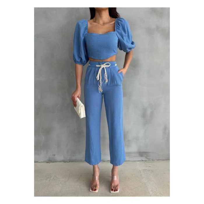 KETEN CROP KARPUZ KOL BLUZ-PANTOLON HASIR KEMERLİ - Mavi