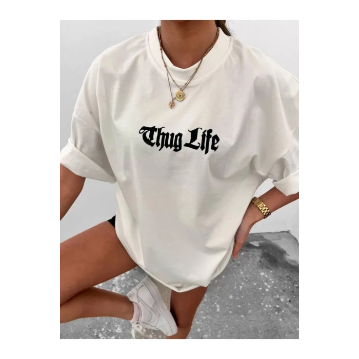 Unisex Bisiklet Yaka Baskılı Oversize T-Shirt - Beyaz