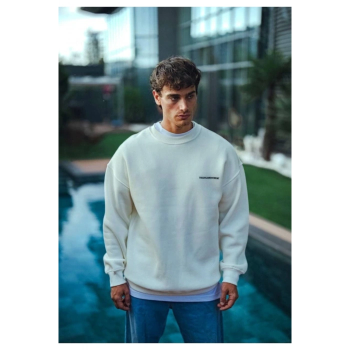 Kışlık Bisiklet Yaka Oversize Baskılı SweatShirt - Beyaz