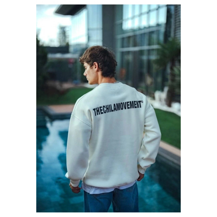 Kışlık Bisiklet Yaka Oversize Baskılı SweatShirt - Beyaz