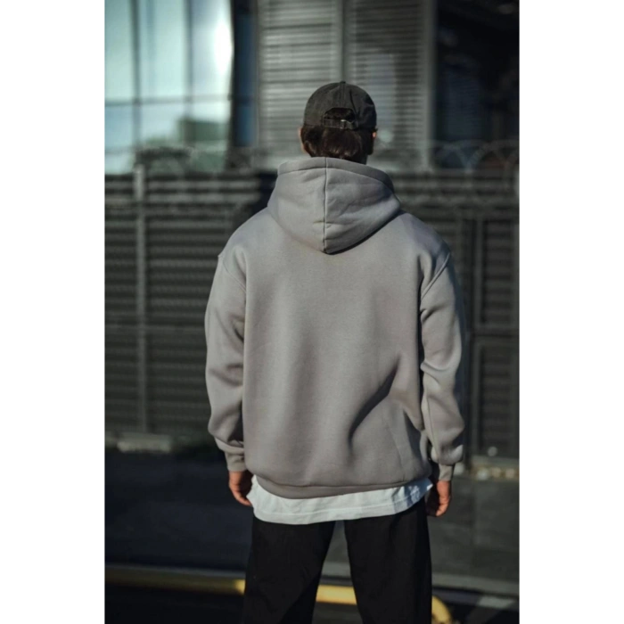 Üç İplik Penye Kapşonlu Basic SweatShirt - Boyalı Gri