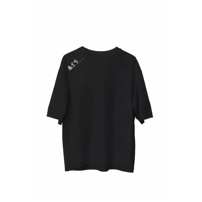 Unisex Bisiklet Yaka Baskılı Oversize T-Shirt - Siyah