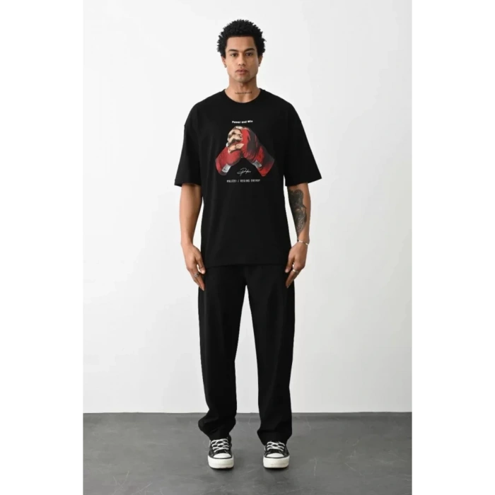 Unisex Baskılı Oversize T-Shirt - Siyah