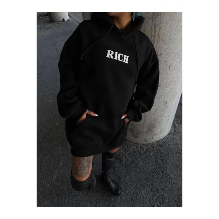 Uzun Kol Kapşonlu Göğüs Baskılı SweatShirt - Siyah