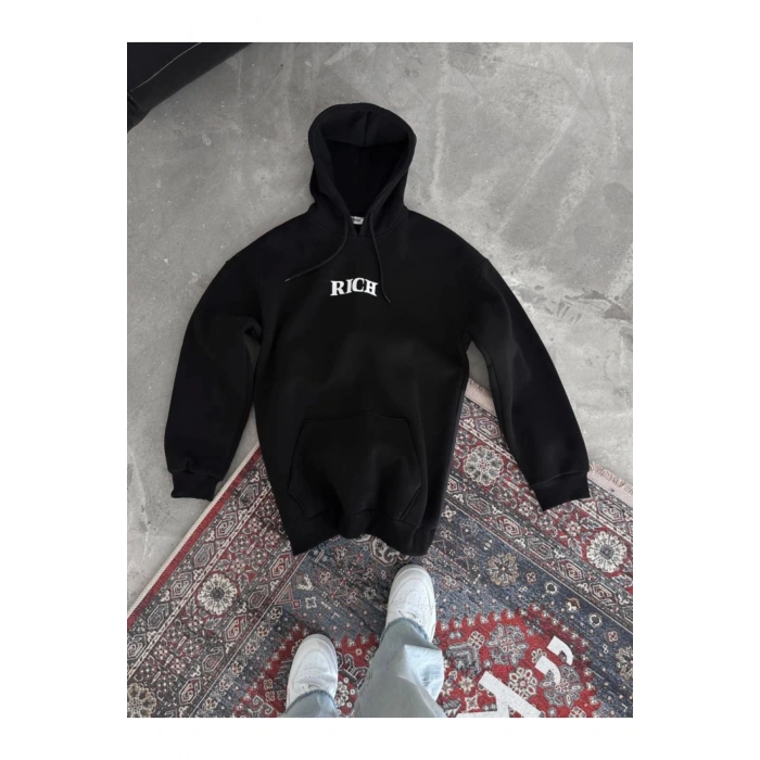 Uzun Kol Kapşonlu Göğüs Baskılı SweatShirt - Siyah