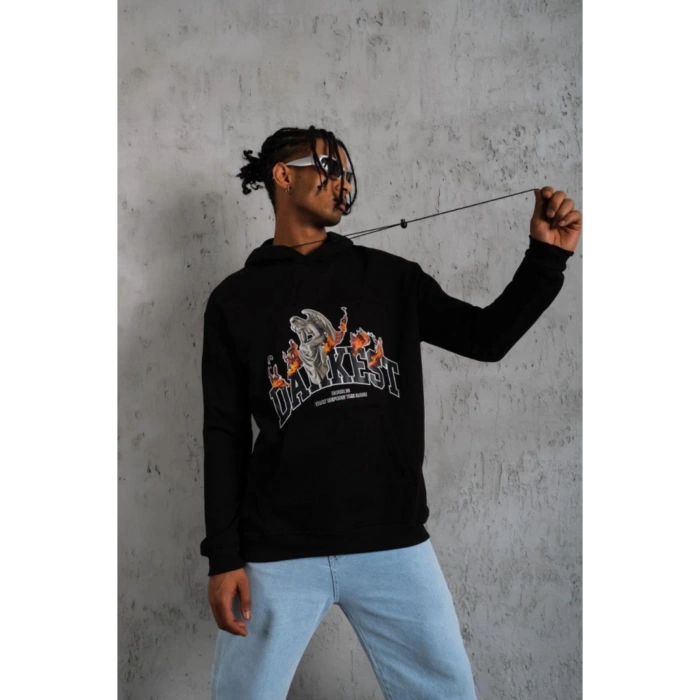 Erkek Oversize Kapüşonlu Sweatshirt – Siyah Renk Üç İplik İçi Pamuklu Kanguru Cepli Baskılı Hoodie R