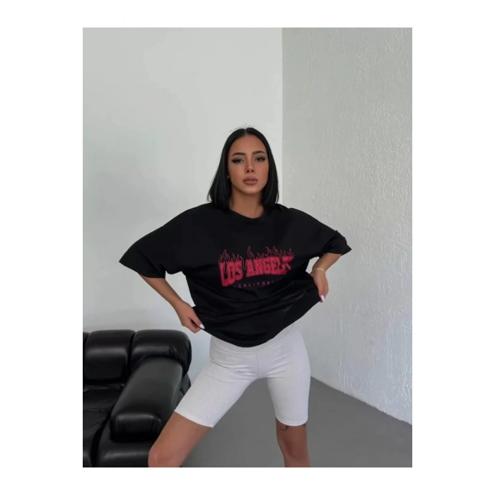 Unisex Bisiklet Yaka Baskılı Oversize T-Shirt - Siyah