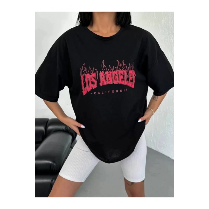 Unisex Bisiklet Yaka Baskılı Oversize T-Shirt - Siyah