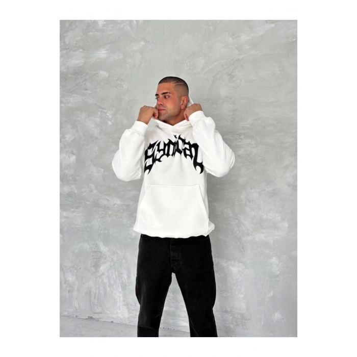 Unisex Üç İplik Kapşonlu Baskılı SweatShirt - Beyaz