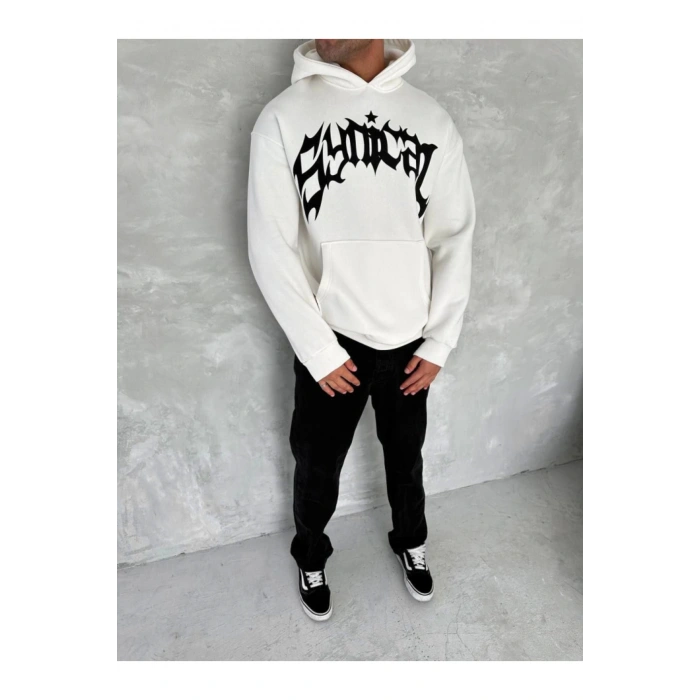 Unisex Üç İplik Kapşonlu Baskılı SweatShirt - Beyaz