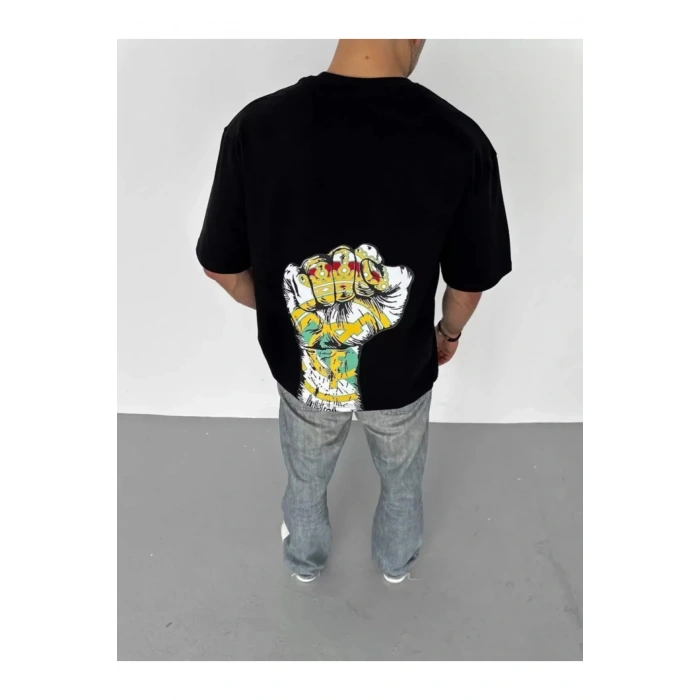 Unisex Bisiklet Yaka Baskılı Oversize T-Shirt - Siyah