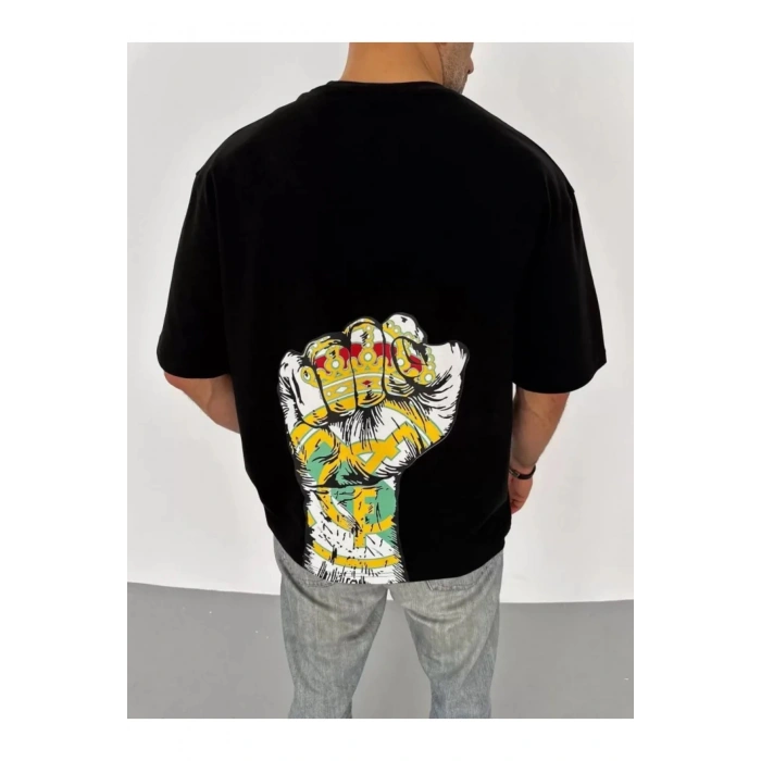 Unisex Bisiklet Yaka Baskılı Oversize T-Shirt - Siyah