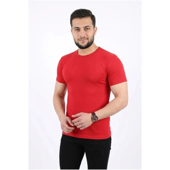 Erkek Basic Tişört Bisiklet Yaka Kısa Kol Günlük Yazlık Slim Fit T-Shirt - Kırmızı