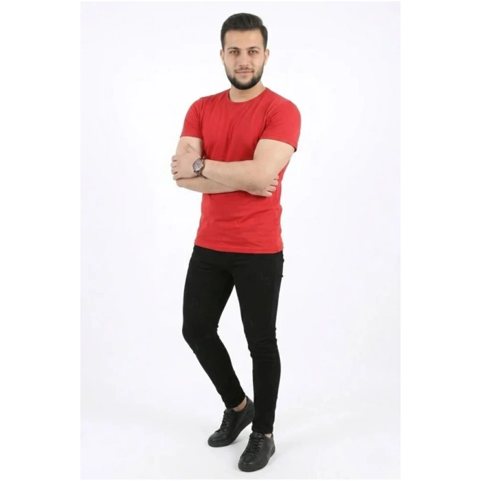 Erkek Basic Tişört Bisiklet Yaka Kısa Kol Günlük Yazlık Slim Fit T-Shirt - Kırmızı