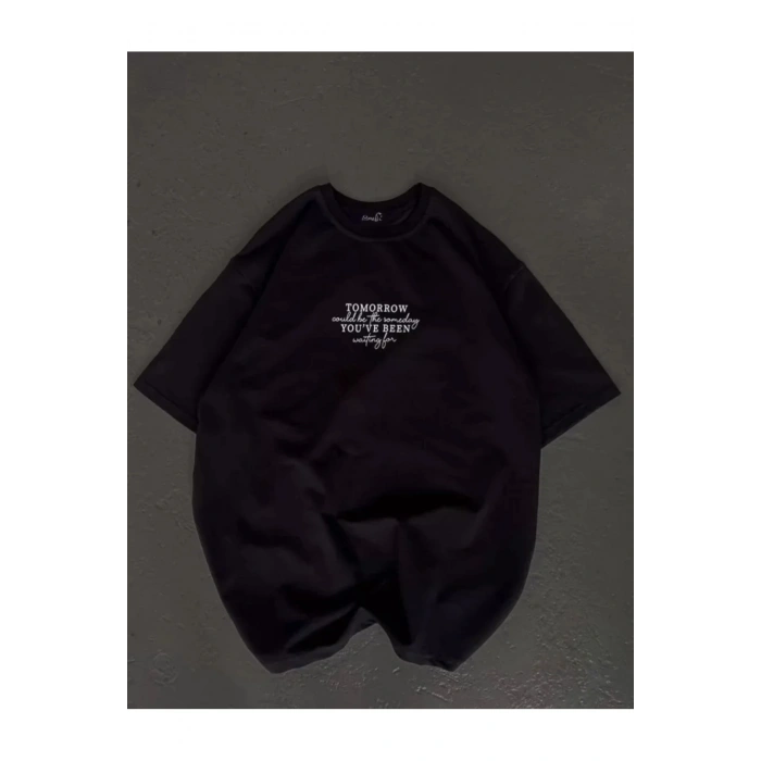 Unisex Bisiklet Yaka Baskılı Oversize T-Shirt - Siyah
