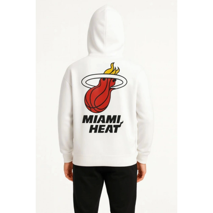 Üç İplik Kapüşonlu Ön Ve Arka Baskılı SweatShirt Hoodie - Beyaz