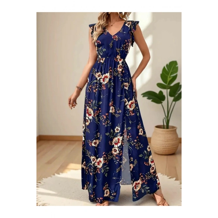 Kadın Kısa Kollu V Yakalı Yırtmaçlı çiçek Desenli Süprem Elbise