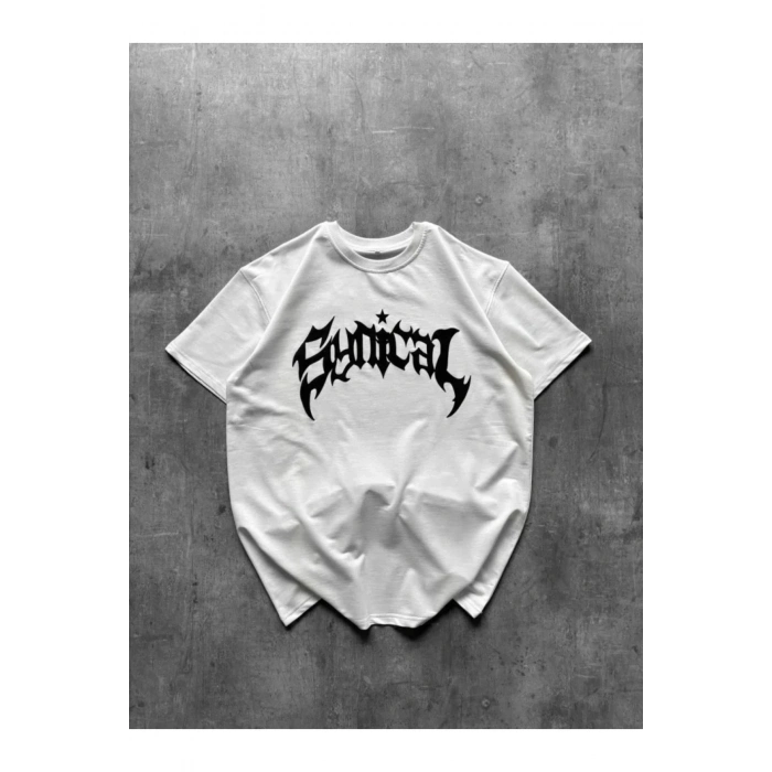 Bisiklet Yaka Ön Baskılı Kısa Kollu Tişört Streetwear Günlük Basic Pamuklu T-shirt - Beyaz