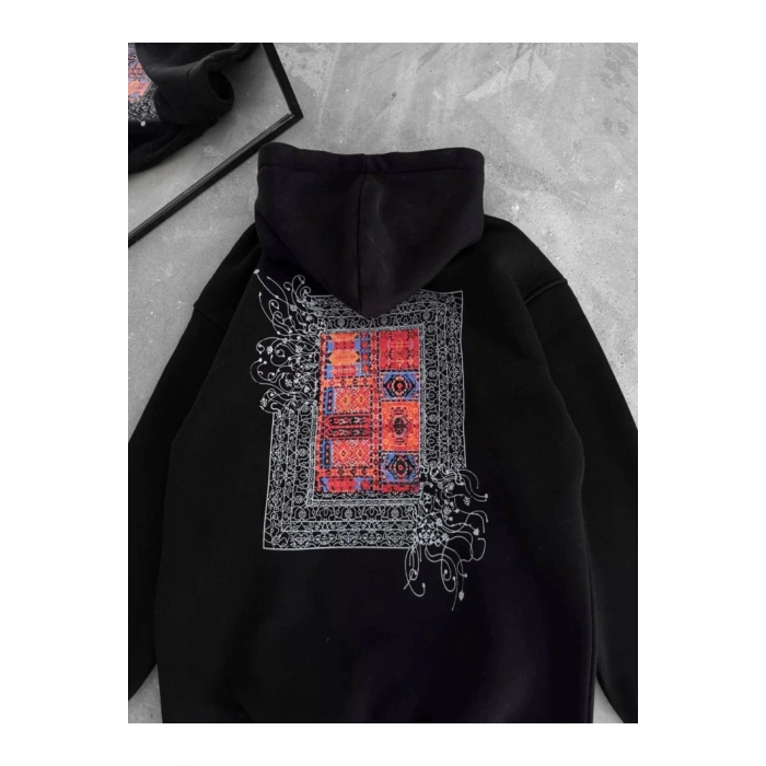 Uzun Kol Kapşonlu Ön Ve Arka Baskılı SweatShirt - Siyah