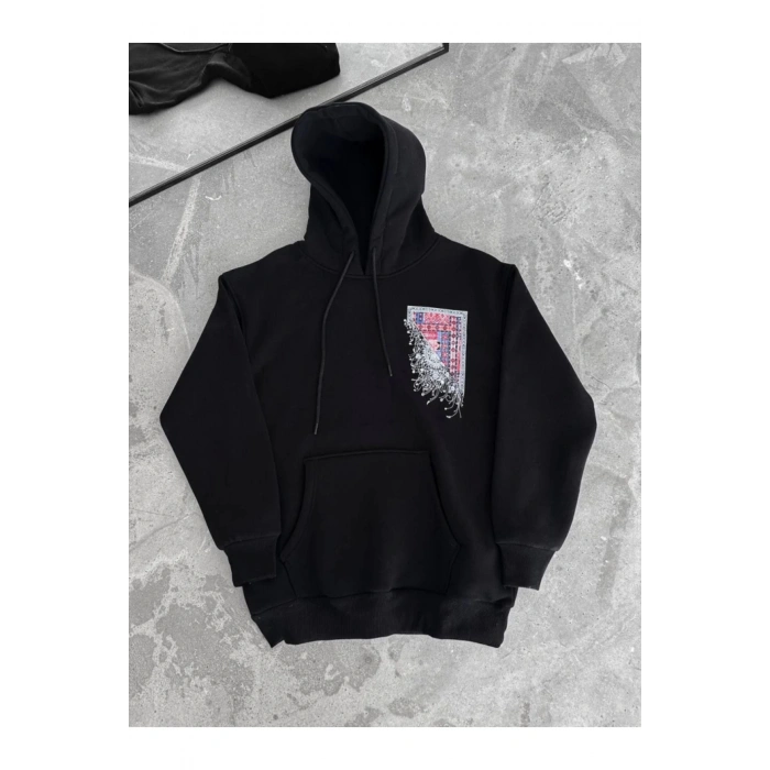 Uzun Kol Kapşonlu Ön Ve Arka Baskılı SweatShirt - Siyah