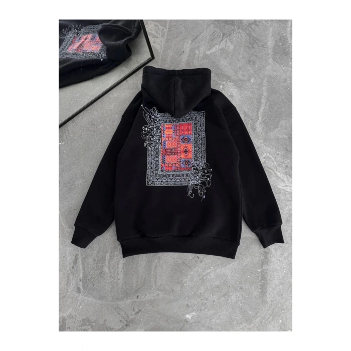 Uzun Kol Kapşonlu Ön Ve Arka Baskılı SweatShirt - Siyah