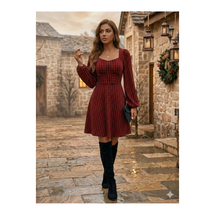 Kadın Uzun Kollu Kare Kalp Yakalı Mini Modal Elbise