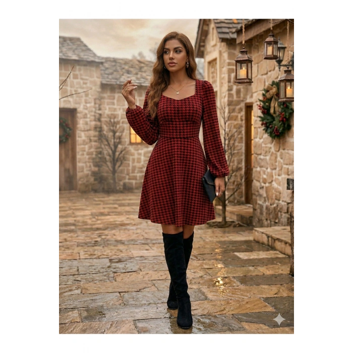 Kadın Uzun Kollu Kare Kalp Yakalı Mini Modal Elbise
