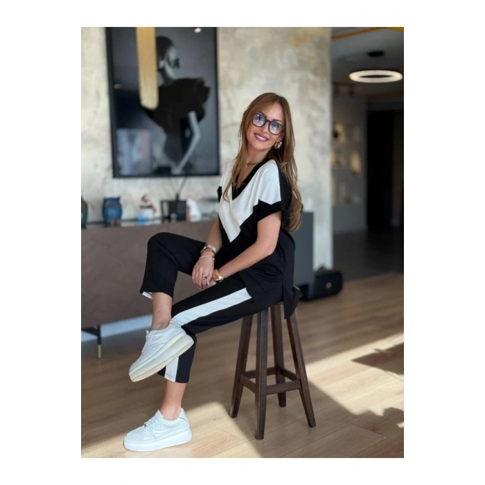 Kadın Kısa Kollu V Yakalı çift Renkli Viskon Iki Iplik Ikili Bluz Ve Pantolon Takım