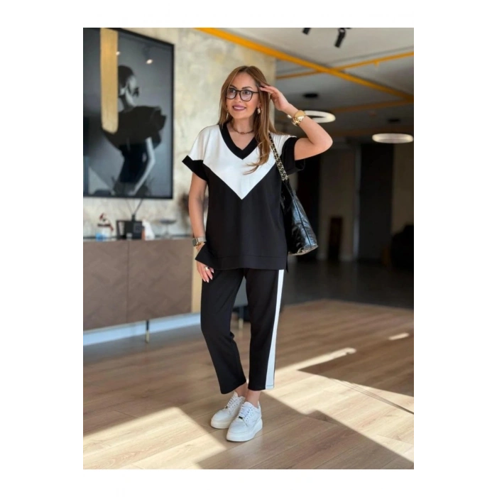 Kadın Kısa Kollu V Yakalı çift Renkli Viskon Iki Iplik Ikili Bluz Ve Pantolon Takım