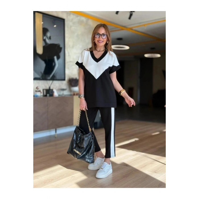 Kadın Kısa Kollu V Yakalı çift Renkli Viskon Iki Iplik Ikili Bluz Ve Pantolon Takım